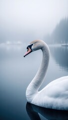Fototapeta premium A serene swan gliding through a misty lake, capturing tranquility and nature's beauty.