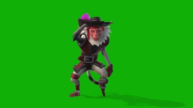 Pet Monkey Standing idle Scene 3D Rendering Animation on Green Screen