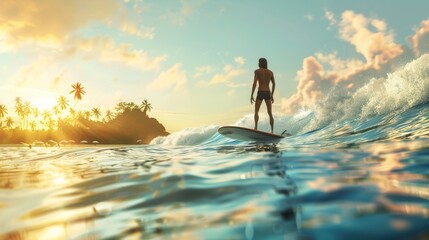 Fototapeta premium Surfer Riding Waves at Sunset on Tropical Beach with Palm Trees