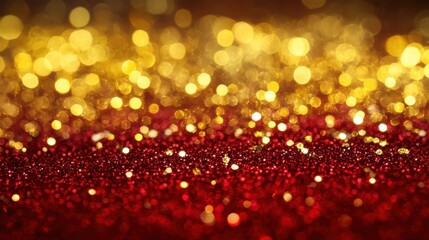 A shimmering background of red and gold glitter reflecting light, creating a festive, joyful atmosphere.