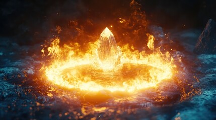 Flames forming a protective ring around a glowing crystal in a mystical scene