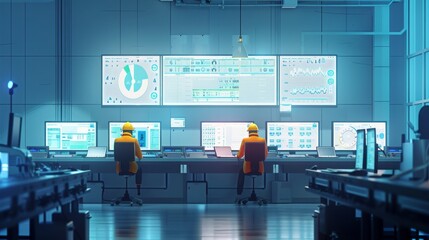 Futuristic Industrial Control Room with Technicians at Workstations