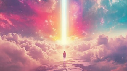 Fototapeta premium Surreal Man Walking Towards Celestial Light Beam in Dreamy Cloudscape