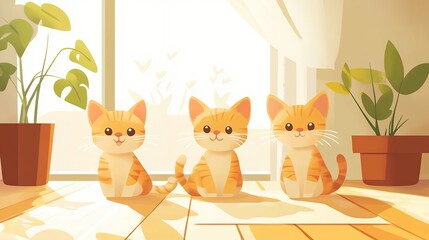 Three Adorable Kittens Sunbathing by Window
