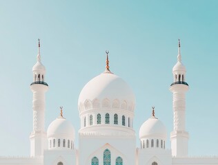 Photograph of a white Islamic mosque building with domes and minarets against a blue sky background, in a minimalist style. This image was the winner of a stock photo contest