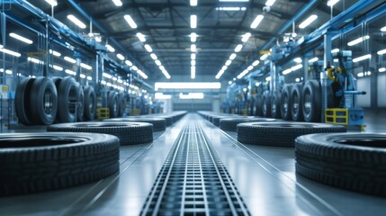 Industrial Tire Manufacturing Plant with Modern Machinery and Bright Lighting