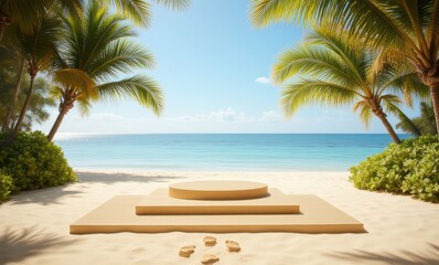 Tranquil beach scene with wooden pedestal