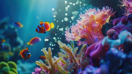 Obraz premium Close-up of vibrant coral reefs and tropical fish underwater. 