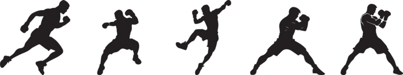 Silhouette of a boxer throwing a punch, outline vector silhouette icons