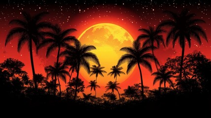 Obraz premium Blood Red Moon Rising Over Silhouetted Palm Trees and Tropical Landscape