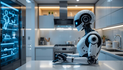AI controlling advanced smart kitchen appliances in a futuristic kitchen, optimizing cooking and home management.