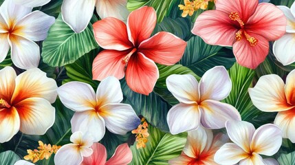 Obraz premium Watercolor Painting of Tropical Hibiscus and Plumeria Flowers