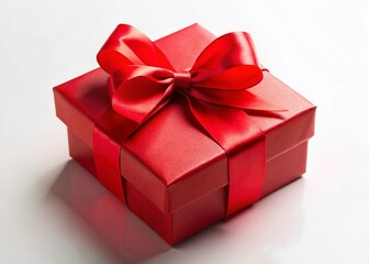 Fototapeta premium Festive Red Gift Box with Ribbon, Holiday Present, Christmas Packaging, Isolated White Background