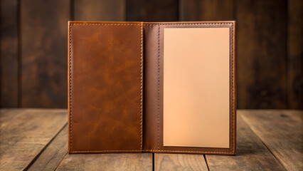 Fototapeta premium A vertical brown leather menu mockup standing upright on a rustic wooden surface. Perfect for showcasing restaurant menu designs in a professional presentation.