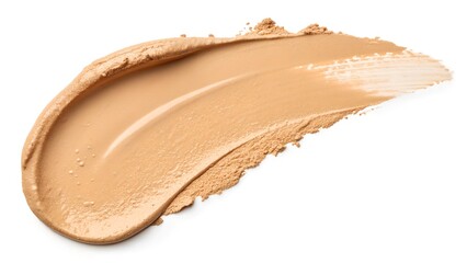 Fototapeta premium A creamy beige makeup foundation swatch in Mocha Mousse, applied smoothly with textured edges on a white background. Smooth Beige Makeup Swatch – Color of the Year 2025: Mocha Mousse