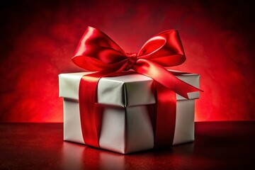 Obraz premium Festive White Gift with Red Ribbon on Red Background - Christmas Present Stock Photo
