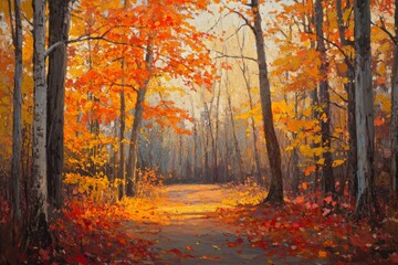 Autumn pathway illuminated by vibrant orange and yellow foliage, creating a serene and picturesque forest scene