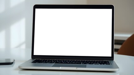 Fototapeta premium Laptop on Office Desk for Business and Technology: Computer in Blurred Workspace for Productivity