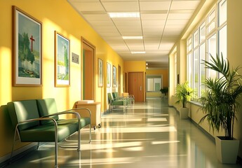 Obraz premium A hospital hallway with green chairs and yellow walls, a white ceiling, and sunlight streaming in from the windows. Hyper-realistic, high-resolution, high-detail, photorealistic, HD. 