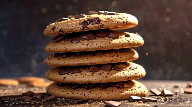 Video footage of stack of four chocolate chip cookies with chunks of chocolate on top, set against a dark background with scattered chocolate pieces around