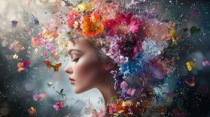 creative depiction of woman surrounded by vibrant flowers and butterflies, showcasing beauty and nature harmony