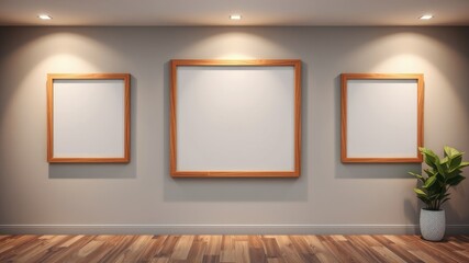 Empty wooden picture frames on a wall in a room with hardwood floors and a plant