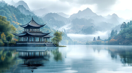 Obraz premium Serene Asian Lake Pavilion in Misty Mountains