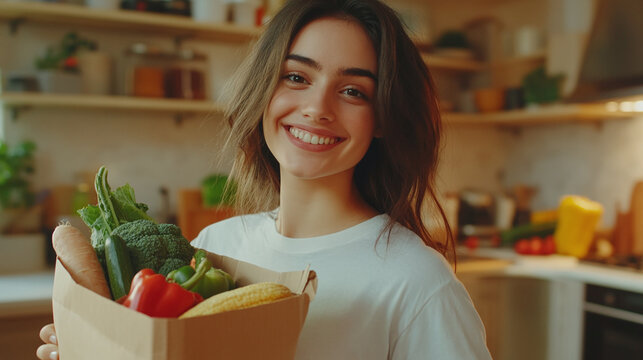 Young woman with bag of vegetables in kitchen