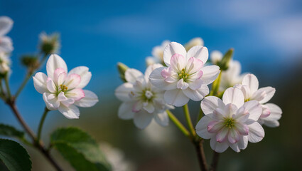 Fototapeta premium White flowers blooming on branch against blue sky