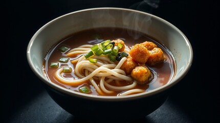 Traditional Udon Noodle Soup with Fish Balls and Scallions