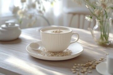Fototapeta premium A cozy, neutral-toned setting featuring a cup of oatmeal with toppings, creating a warm atmosphere.