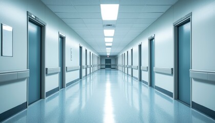 Obraz premium Long Sterile Hospital Corridor With Many Doors