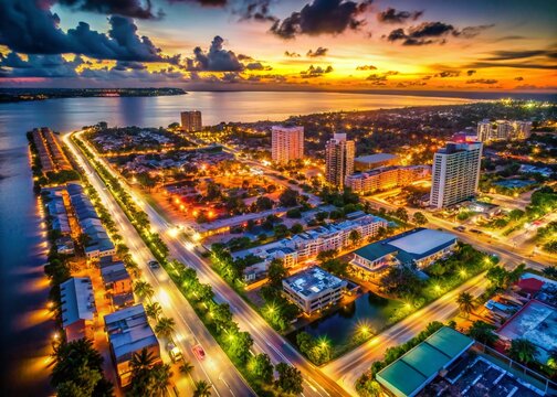 Fort Myers Florida City Map with Bokeh Lights, Aerial View