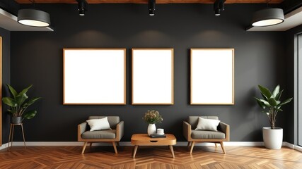 Modern minimalist waiting area with three blank frames