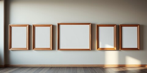 Empty wooden picture frames on a wall mockup