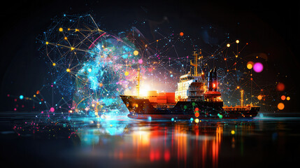 Obraz premium global logistics network visualization featuring cargo ship illuminated by colorful lights, symbolizing connectivity and trade