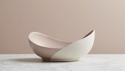Stylish modern ceramic bowl with pink and white design on marble surface