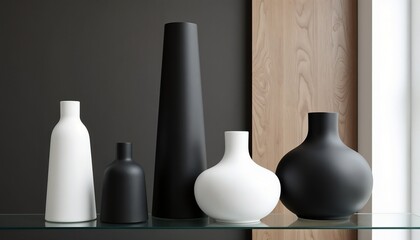 Modern black and white vases on glass shelf in minimalist interior design
