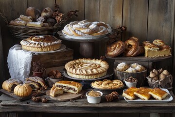 Autumn Desserts Displayed on Wooden Table A Feast of Pies, Cakes, and Pastries