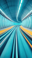 Obraz premium A retro-futuristic tunnel with a vibrant neon glow. The dynamic perspective and bright turquoise hues evoke a sense of speed and movement.