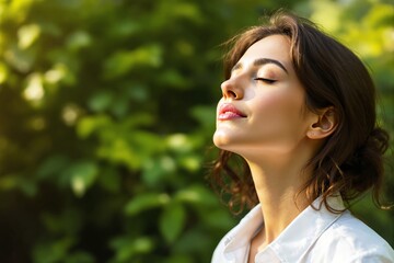 Close-up of a woman enjoying sunlight with closed eyes, serene and calm expression, outdoor greenery background. Concept of peace and relaxation. Ai generative