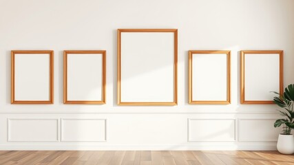 Blank wooden picture frames on a white wall in a room with hardwood floors and a plant