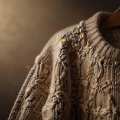 Intricate Embroidered Knitwear: Beige Cable Knit Sweater with Detailed Floral Pattern