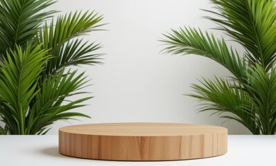 Wooden display podium with greenery