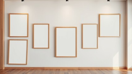 Fototapeta premium Empty wooden picture frames on a light wall in a room with hardwood floors