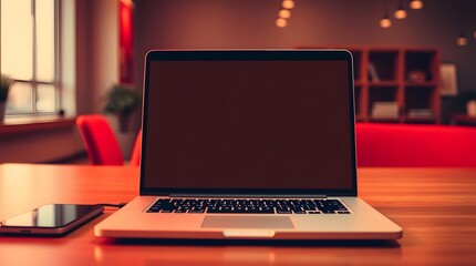 Laptop on Office Desk for Business and Technology: Computer in Blurred Workspace for Productivity