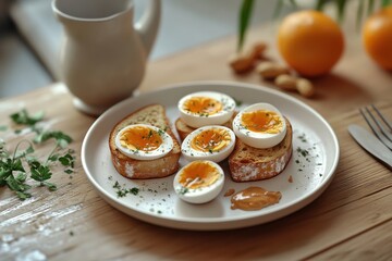 A delicious breakfast plate featuring soft-boiled eggs on toasted bread, garnished and served with peanut butter.