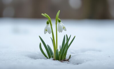 Delicate snowdrops emerging from snow