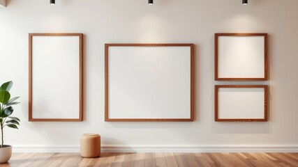Fototapeta premium Empty wooden picture frames on a minimalist interior wall