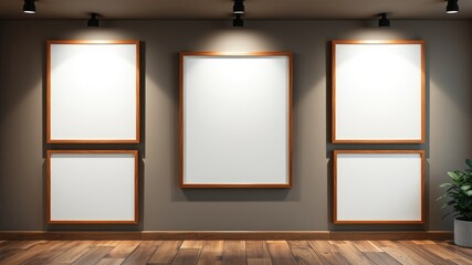Empty Picture Frames on a Dark Wall in a Room with Wooden Floor